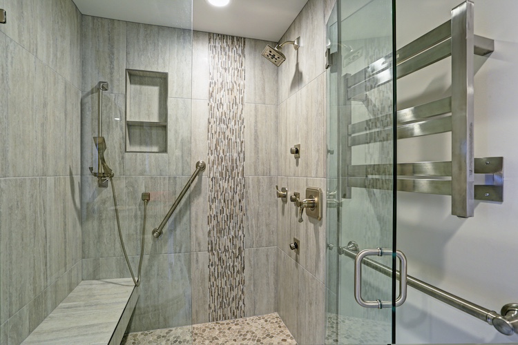 Contemporary bathroom design with walk-in shower.